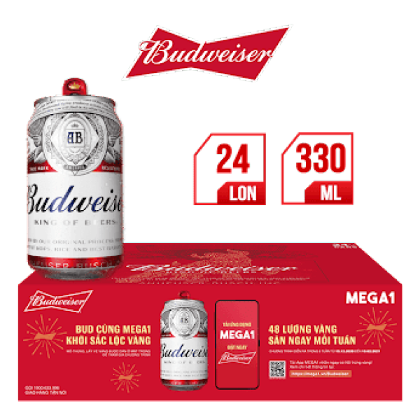 [GIAO HÀNG lại sau 02 tuần 05/09] [DATE XA][MUA 1 TẶNG 1] Thùng 24 lon Budweiser (330ml/lon)