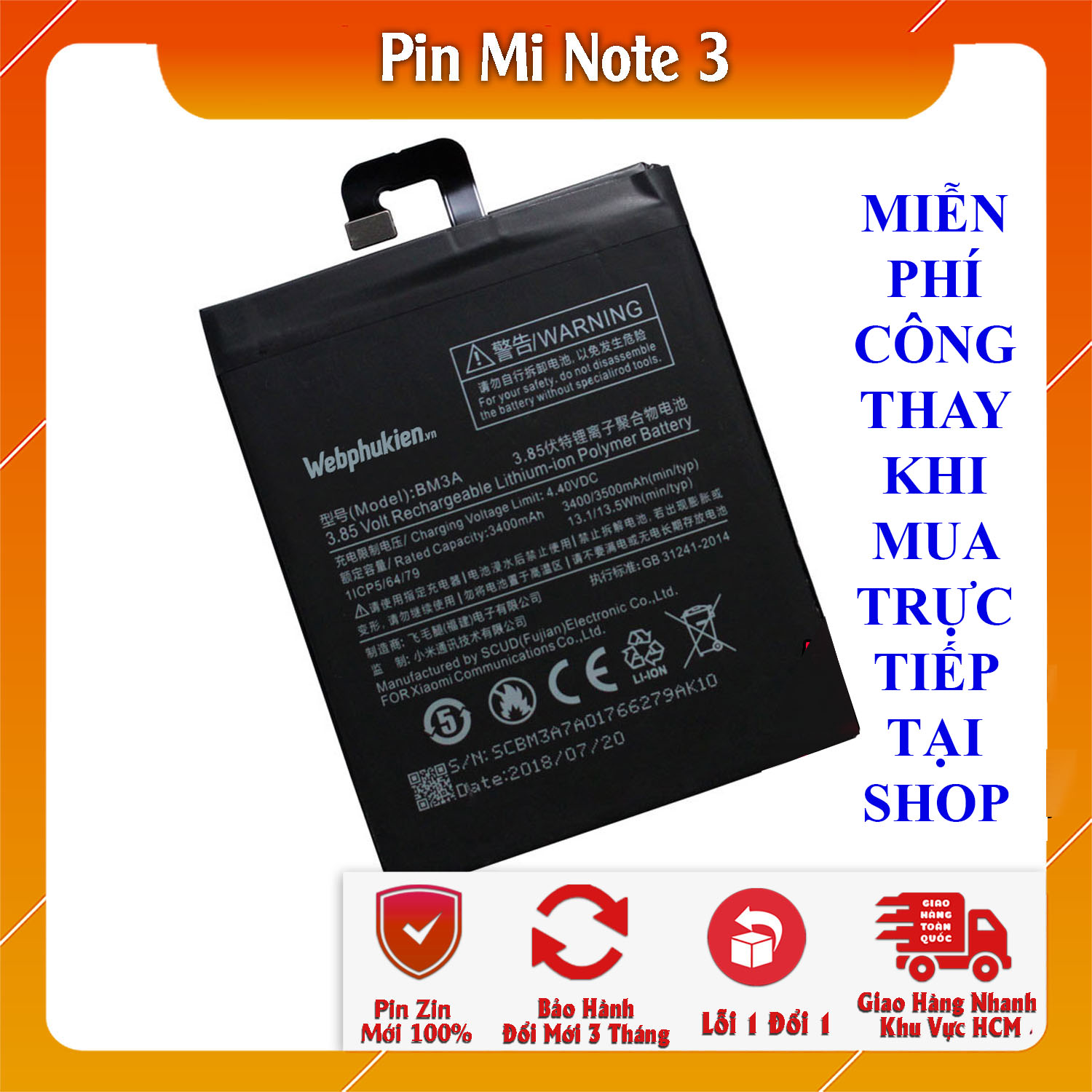 Pin webphukien cho Xiaomi Mi Note 3 BM3A 3500mAh (Đen)