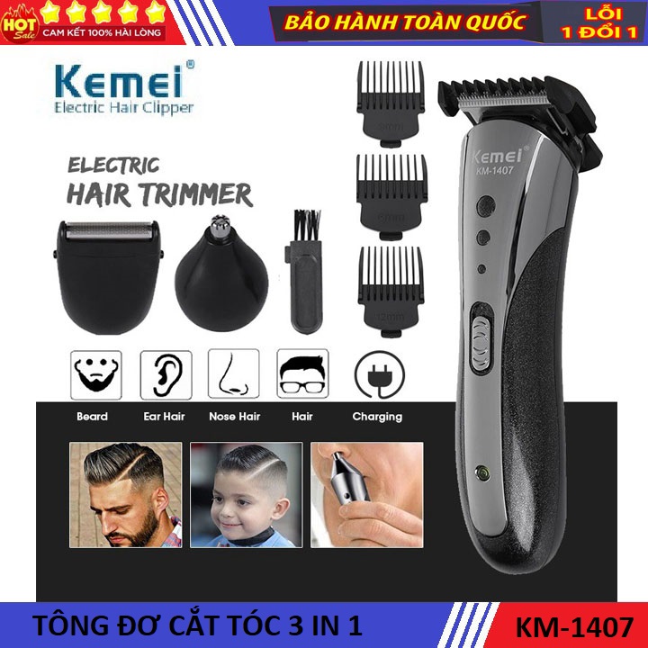 Tông đơ cắt tóc gia đình, tông đơ cắt tóc đa năng 3 trong 1 Kemei 1407 - cắt tóc, cạo râu, cắt lông mũi, tông đơ cắt tóc trẻ em, lưỡi thép cacbon cao cấp, tăng đơ hớt tóc
