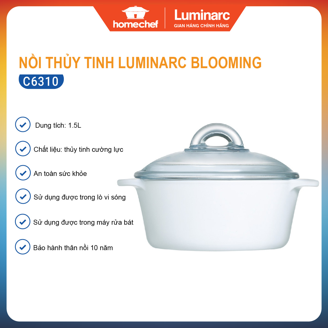 Nồi thủy tinh Luminarc Vitroline 1.5L, dùng được cho mọi loại bếp, thuỷ tinh cường lực, dùng được trong lò vi sóng và máy rửa bát, sản xuất tại Pháp - C6310