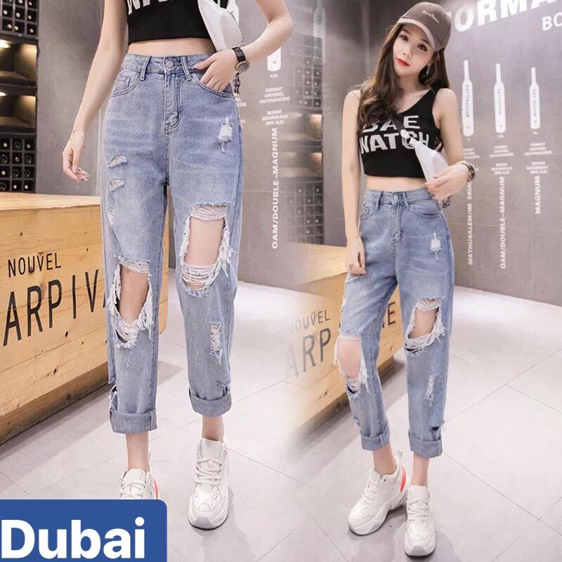 QUẦN BAGGY JEAN NỮ CHẤT BÒ XANH RÁCH TƠI TẢ LƯNG CAO NÂNG MÔNG NHẬT BẢN DB-3028 CAO CẤP - DUBAI FASHION