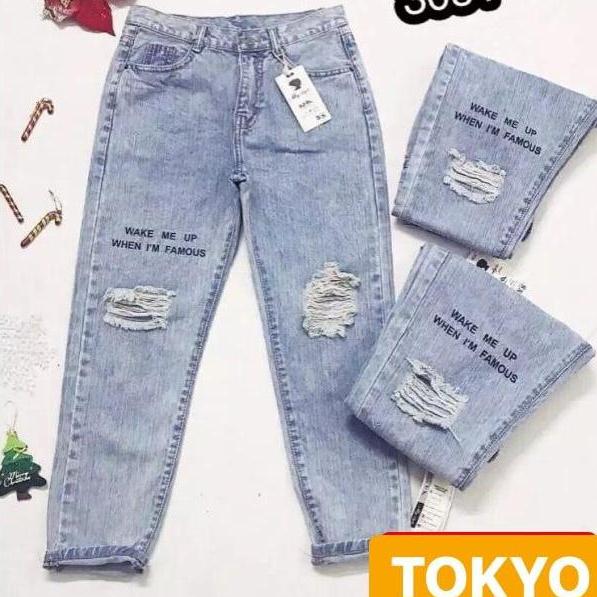 QUẦN JEAN BAGGY NỮ CHẤT BÒ XANH RÁCH IN CHỮ LƯNG CAO NÂNG MÔNG HIRIKANA CAO CẤP - TOKYO FASHION