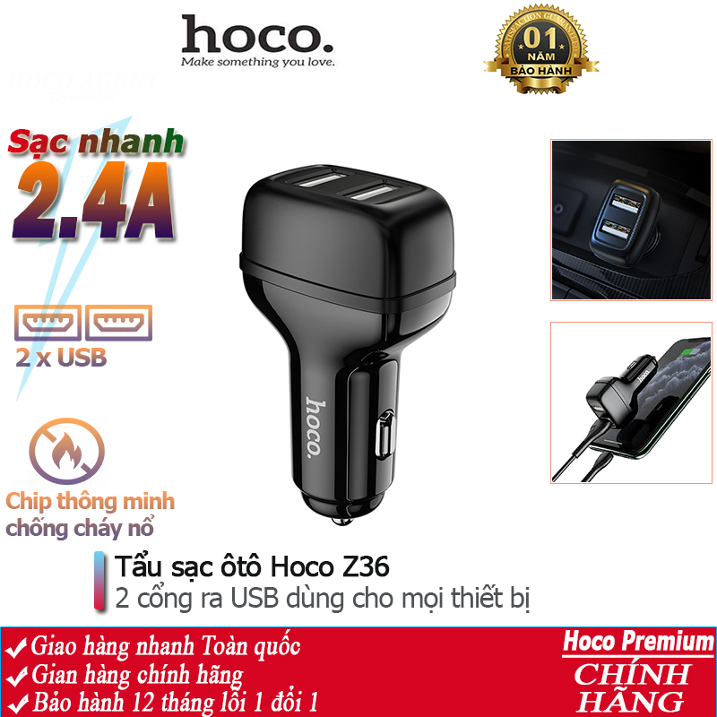 Tẩu sạc ôtô 2.4A Hoco Z36 gồm 2 cổng USB - Chính hãng