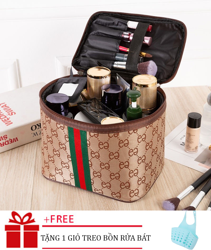 ( Tặng giỏ cài bồn rửa bát ) Túi đựng mỹ phẩm du lịch nhiều ngăn kích thước 21.5*15cm*16cm ( màu nâu )