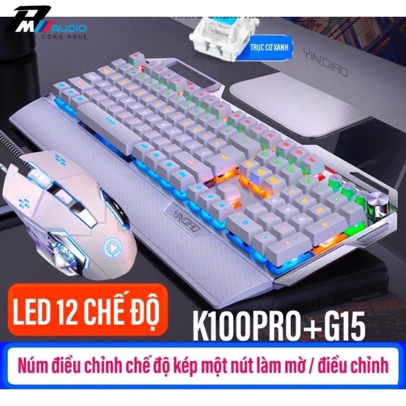 BÀN PHÍM CƠ MÁY TÍNH CÓ DÂY NÚT VUÔNG FULL SIZE 108 PHÍM K100 PRO TRỤC CƠ BLUE/BLACK SWITCH LED RGB 12 CHẾ ĐỘ CÓ NÚM XOAY ĐA NĂNG ĐIỀU CHỈNH ÂM LƯỢNG ĐỘ SÁNG ĐÈN LED KÈM CHUỘT G15 GAMING 6 NÚT ĐIỀU CHỈNH DPI 3200 BẢO HÀNH 12 THÁNG