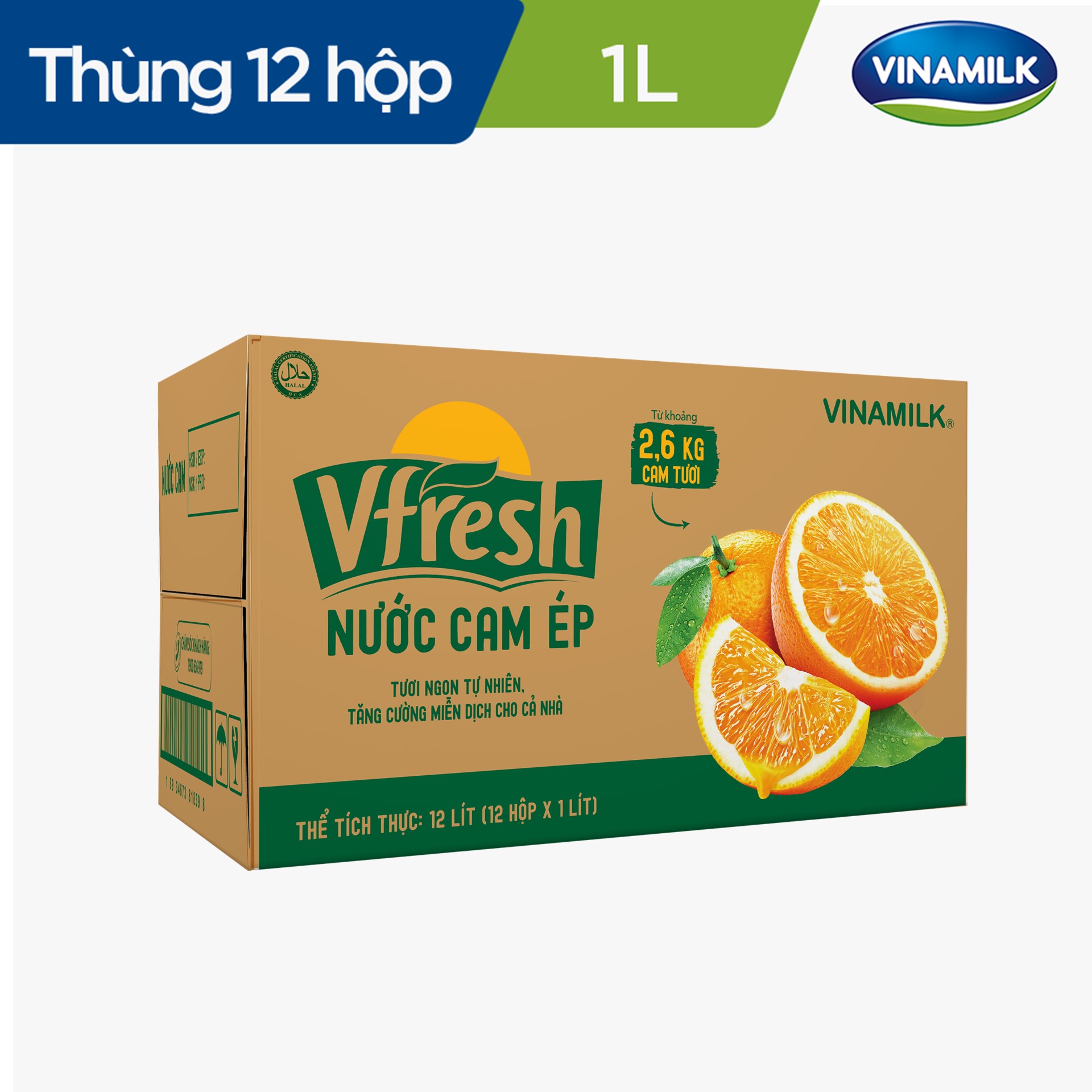 Thùng 12 hộp Nước Vfresh cam ép 100% Hộp giấy 1L