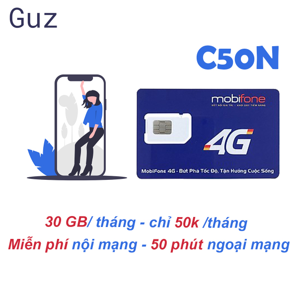 Sim 4G Mobifone C50N Tặng 30GB/tháng +1000p nội mạng +50p ngoại mạng chỉ với 50k/tháng.