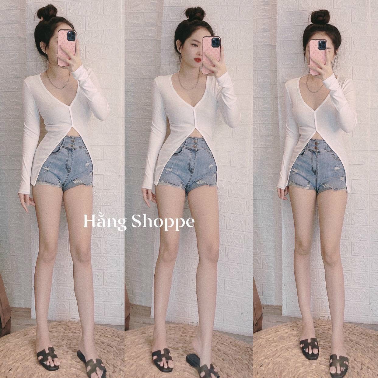 Áo kiểu thun gân tay dài dính ngực xẻ tà giữa sexy