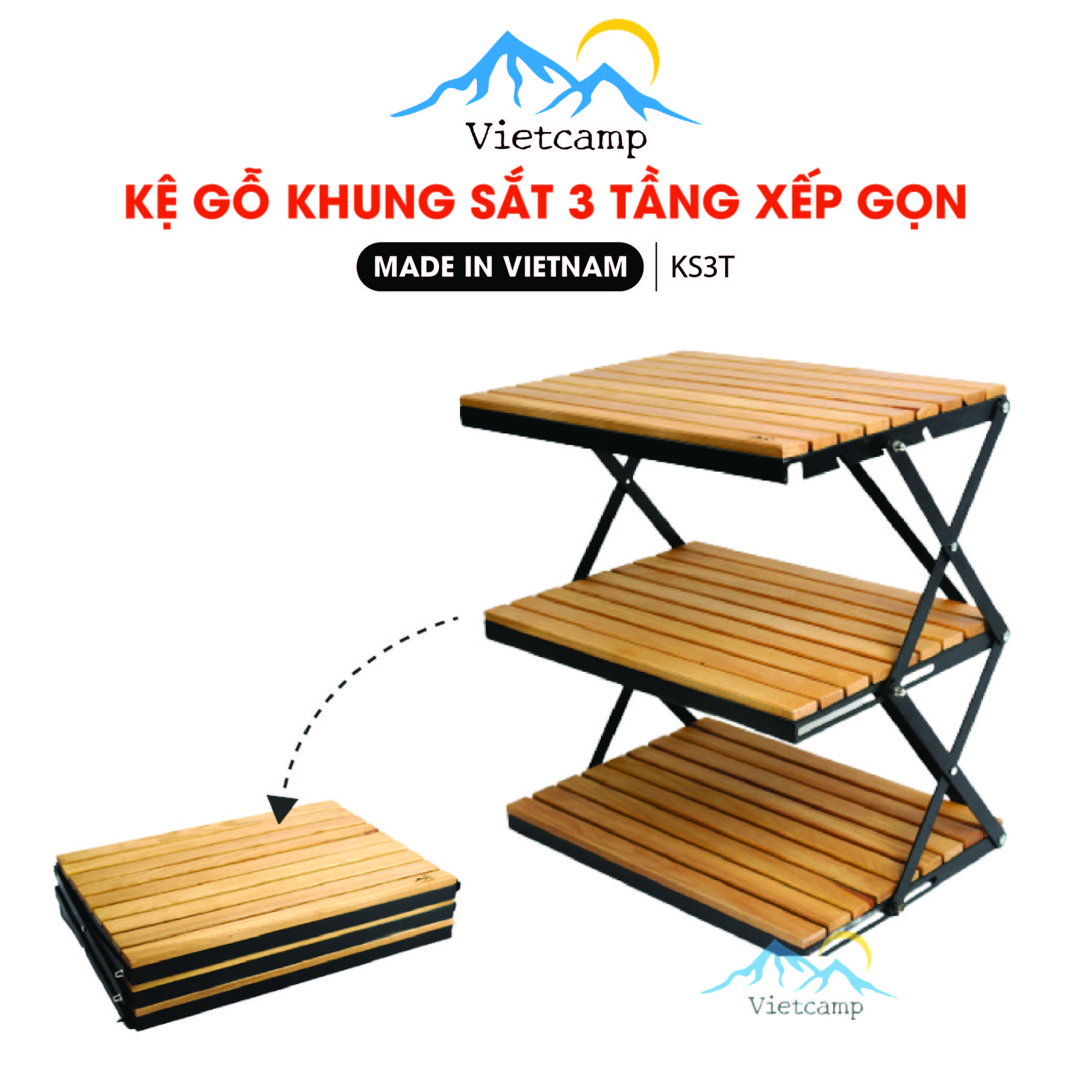 Kệ gỗ TẦN BÌ khung sắt 3 tầng đa năng, có thể xếp gọn, điều chỉnh độ cao
