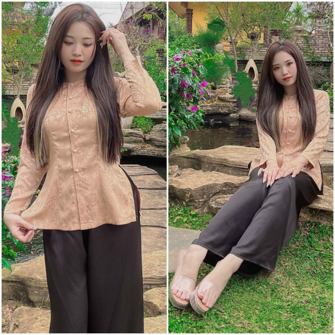 ÁO BÀ BA GẤM HỌA TIẾT LÁ