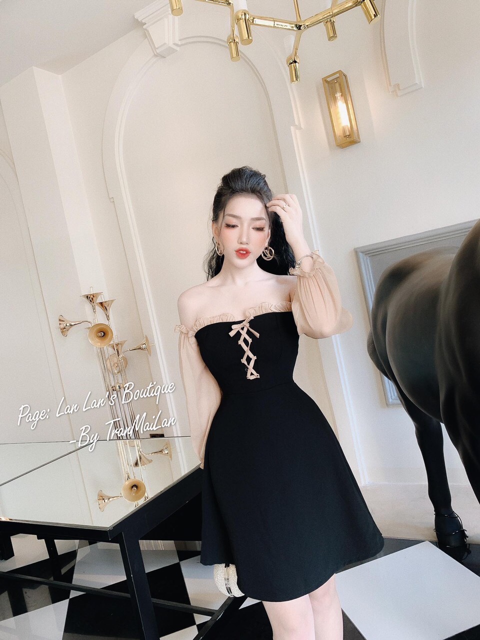 Đầm xòe trễ vai phối tay lưới voan kết hợp đan dây trước ngực TTSA0117