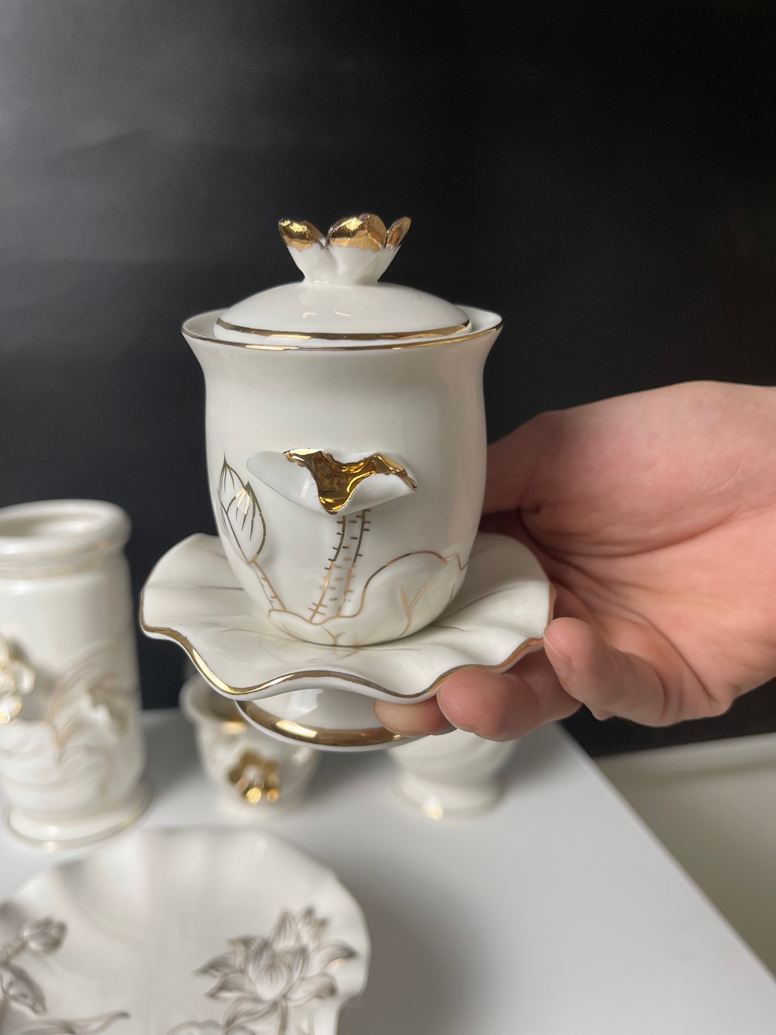 Bộ thờ cúng sứ trắng bạch ngọc kim sen