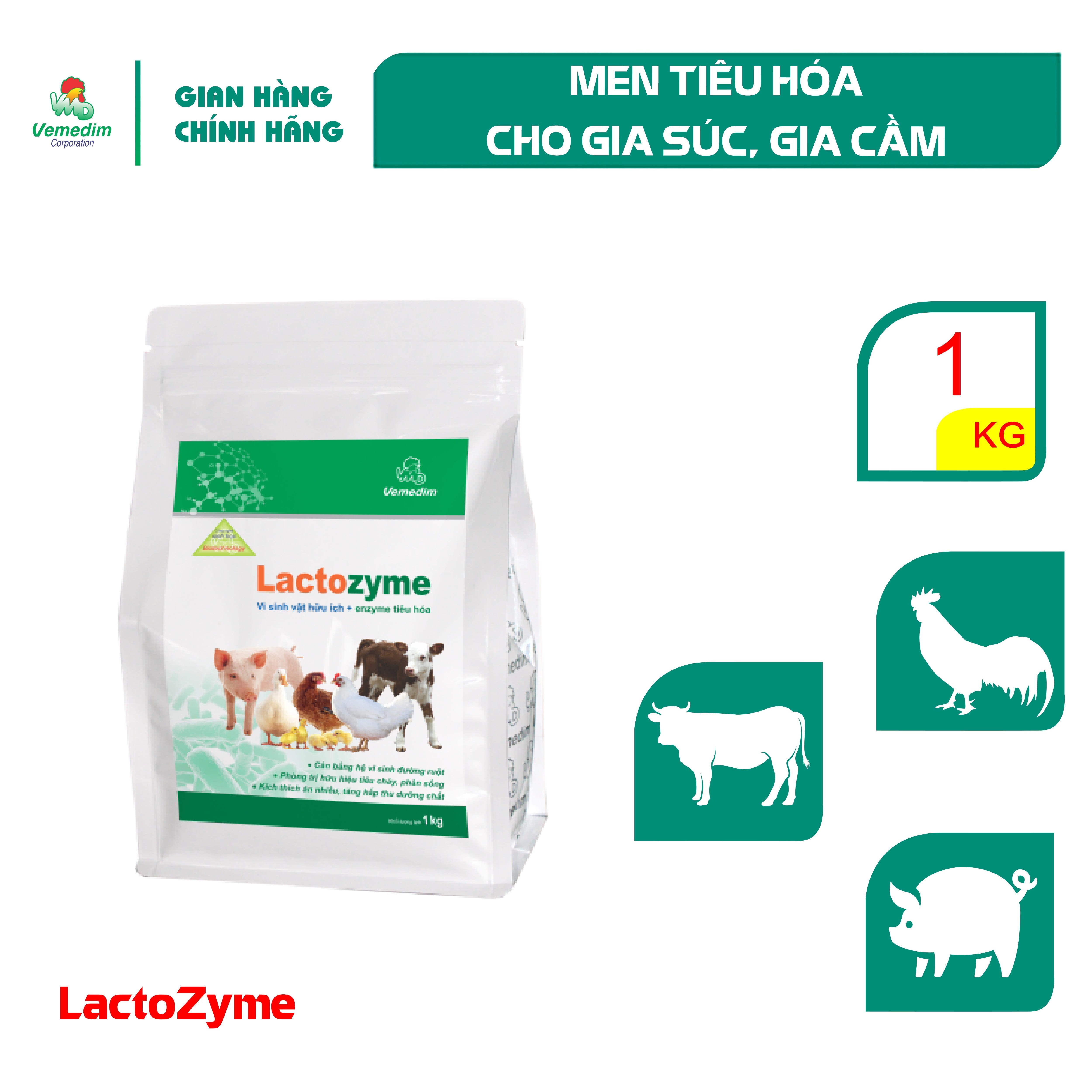 "Hoàn tiền đến 10%" Vemedim Lactozyme bổ sung men tiêu hóa cho gia súc, gia cầm, gói 1kg