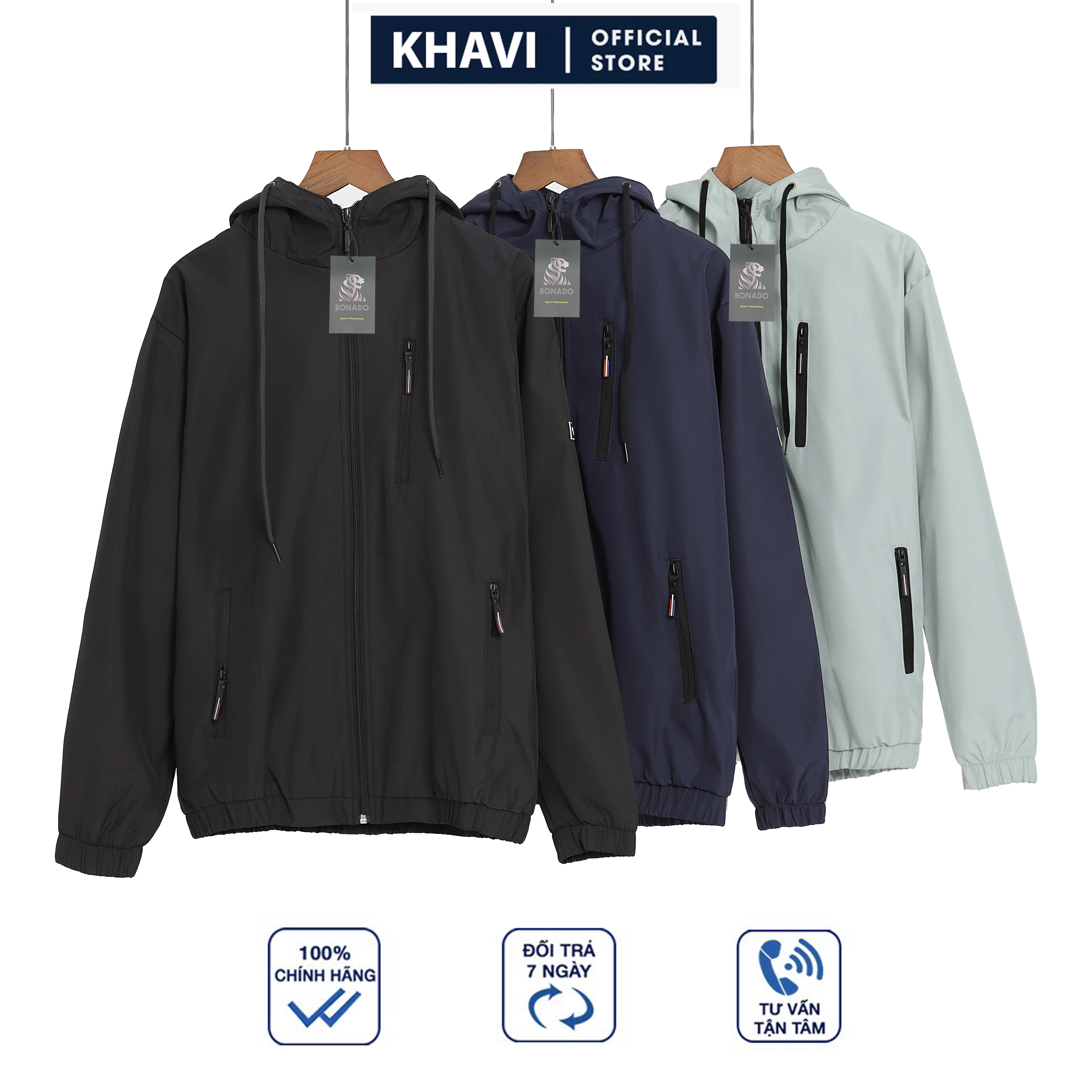 Áo Khoác dù nam có nón hàn quốc Khavi NB19 (XANH ĐEN)
