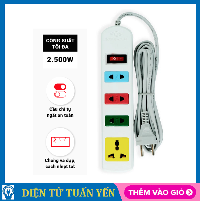 Ổ cắm điện đa năng honjianda 0314b công suất chịu tải 2500w, nhựa abs cao cấp, dây dài 3m/5m - hàng chính hãng