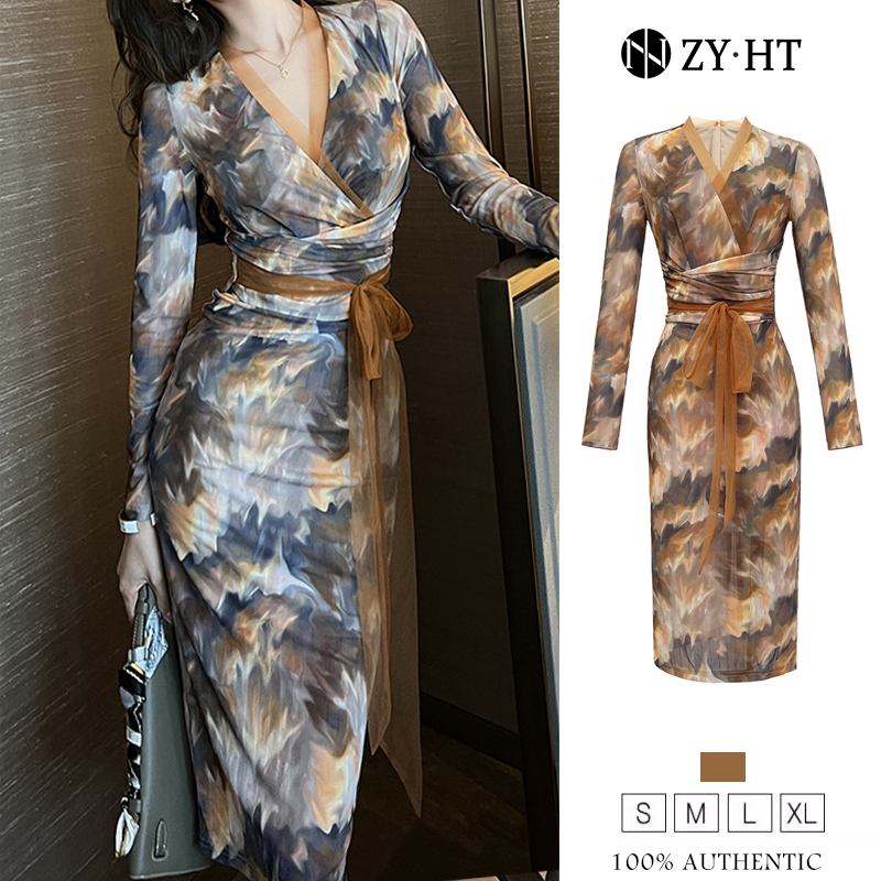 ZYHT eravogue đầm body nữ ôm body dự tiệc Váy ôm eo in họa tiết kiểu Pháp cổ điển váy quấn 10196