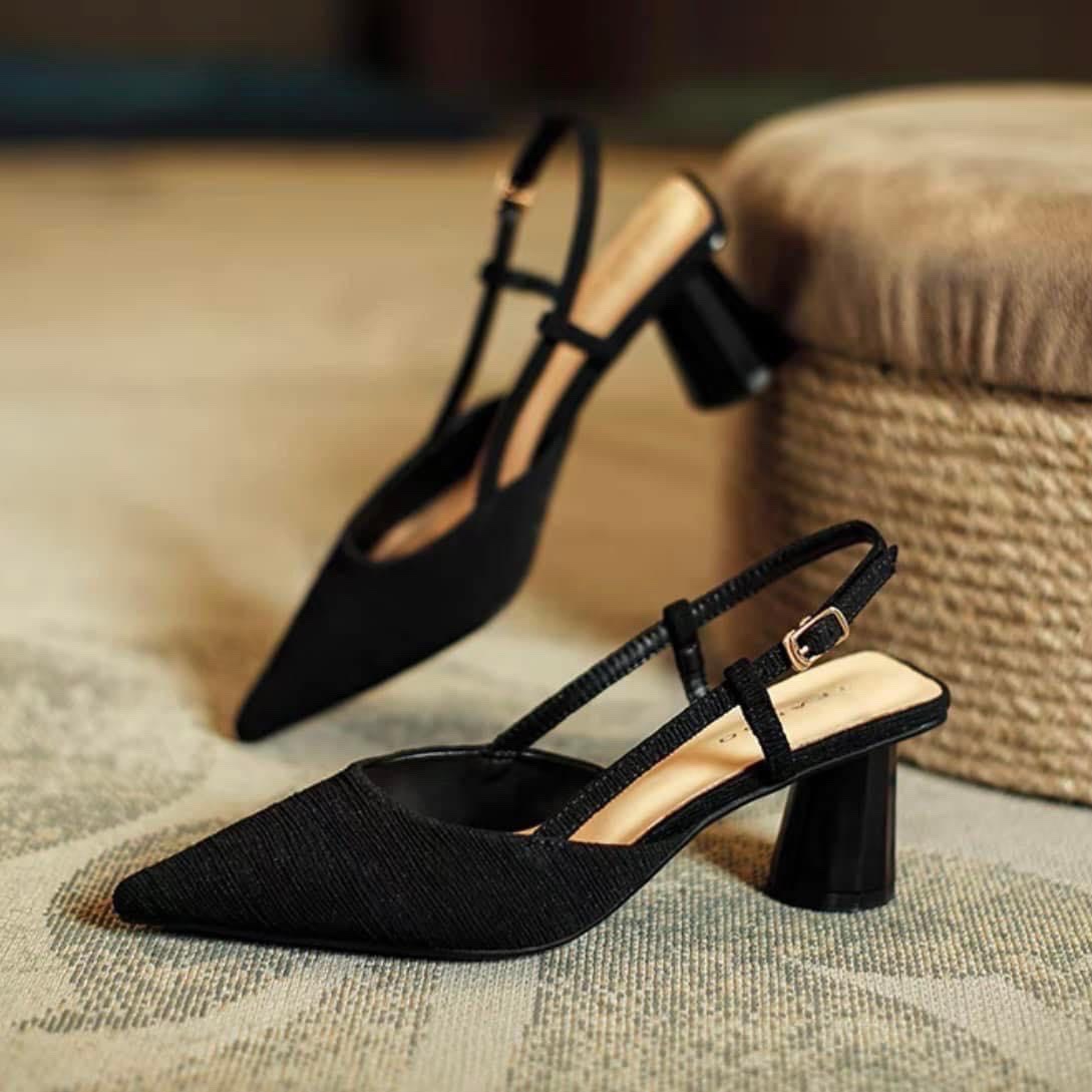 Giày sandal nữ gót trụ mũi nhọn lụa trơn gót trụ 5cm- MÃ 961