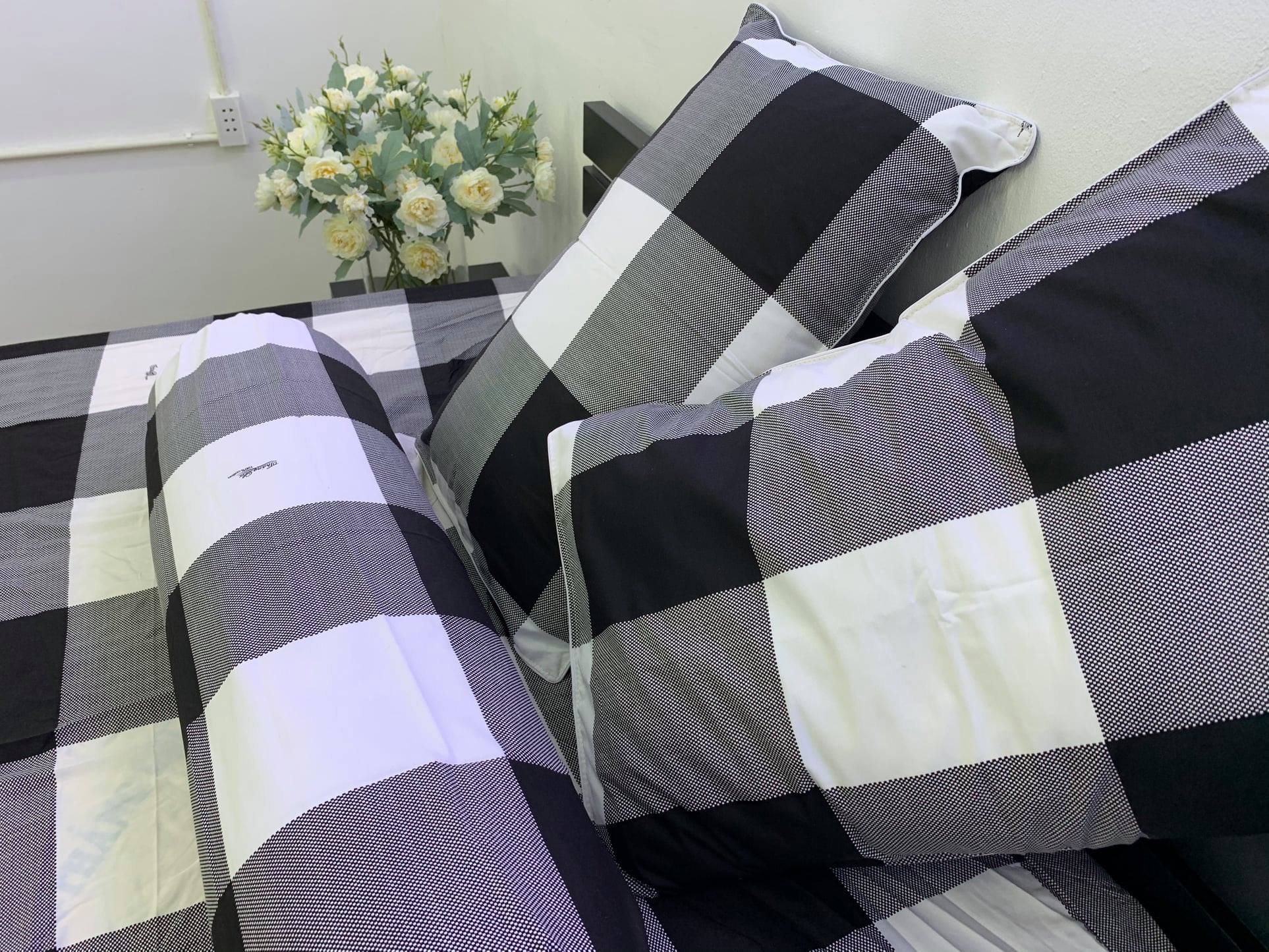 [HCM]Bộ 4 Món Ga Gối Cotton Thắng Lợi Cao Cấp - Mẫu Caro Đen Trắng