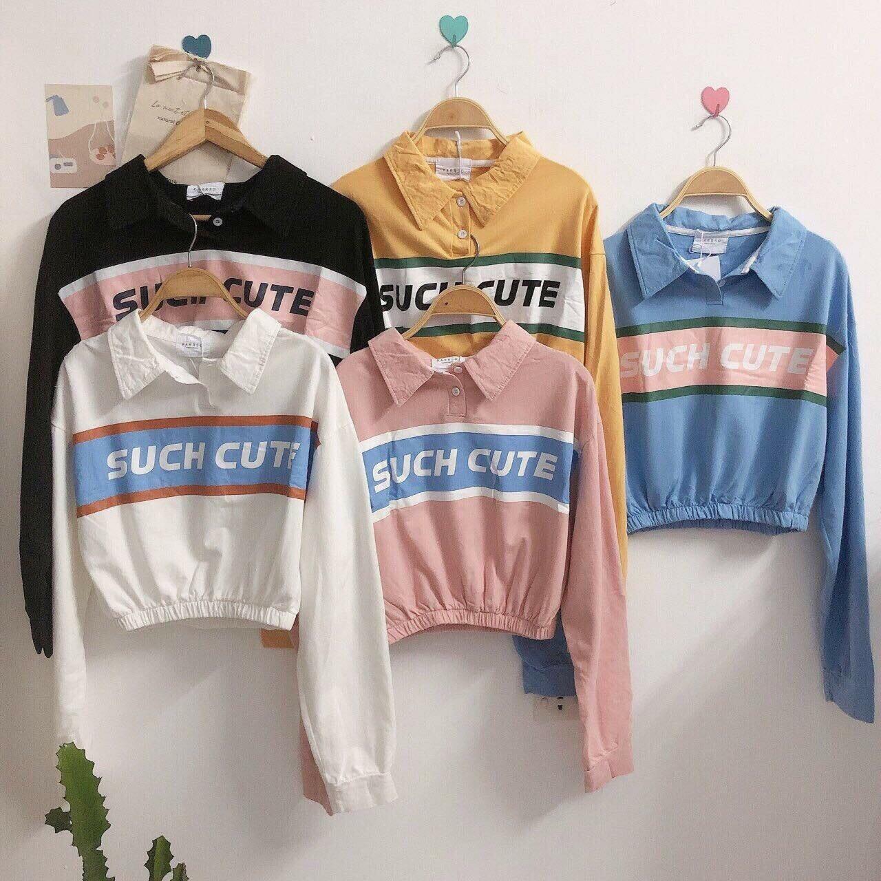 Áo thun tay dài cổ bẻ form croptop in chữ such cute kết hợp bo eo độc đáo tts0983