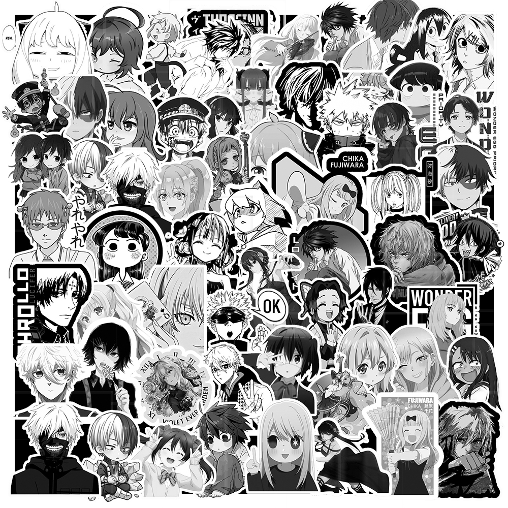 Bộ 200 / 100 / 50 miếng dán hình anime màu trắng đen dùng trang trí laptop