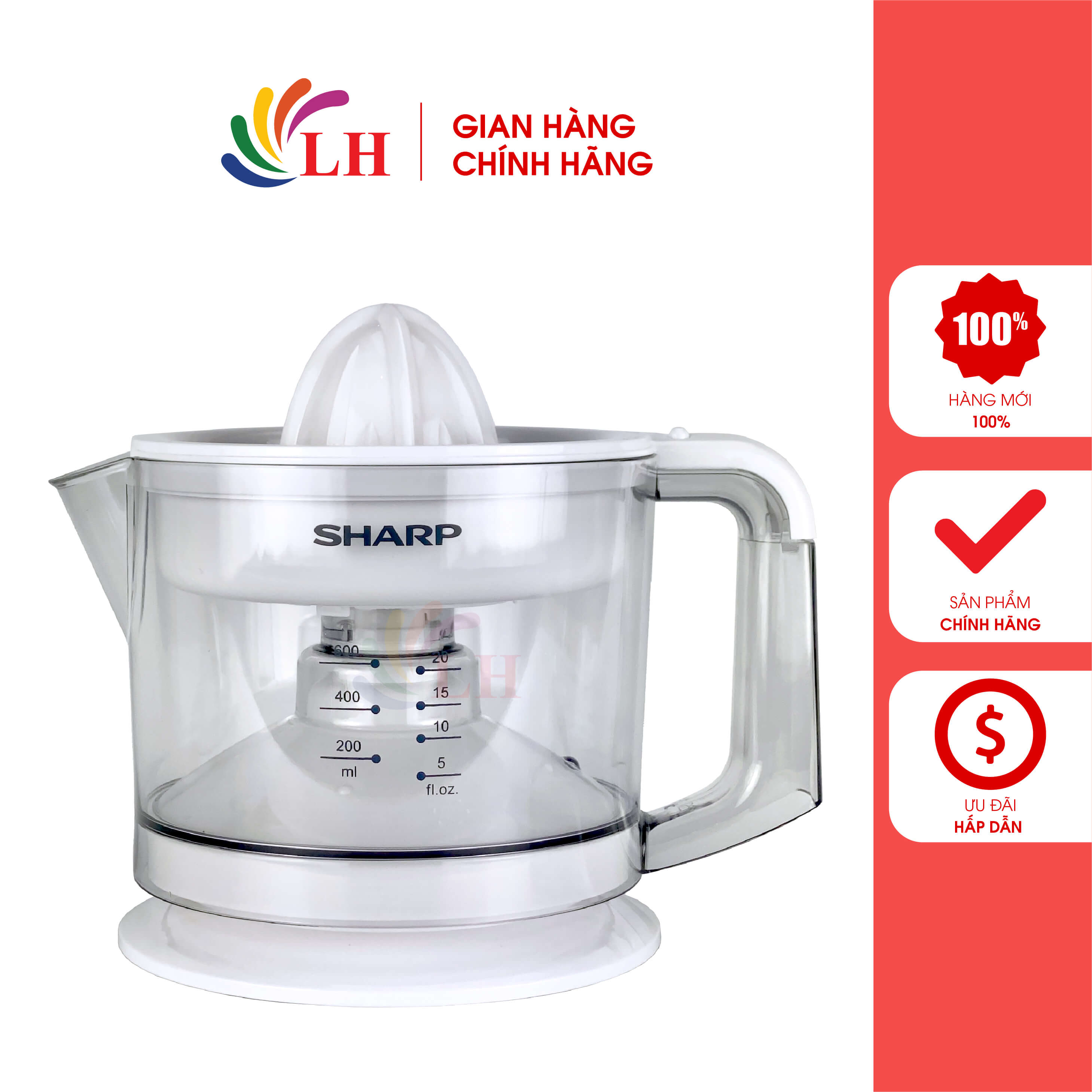 Máy vắt cam sharp 0.6 lít ej-j256-wh - hàng chính hãng - công suất 25w, trang bị 2 đầu vắt, lưới lọc tiện lợi, chân đế chống rung