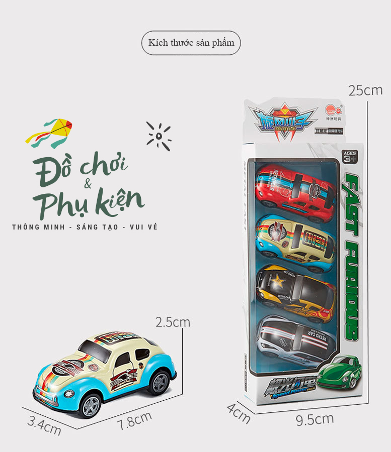 Bộ 4 mô hình xe đua bằng sắt - có bánh đà