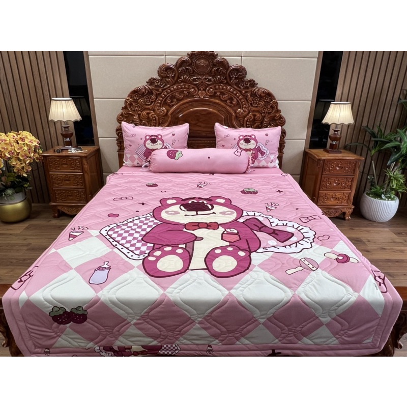 Bộ ga gối gấu dâu ( gấu Lotso ) thun mát lạnh 5D