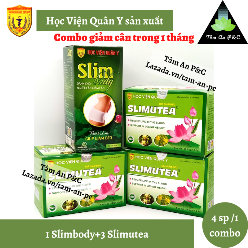 Combo giảm cân 1 hộp viên uống Slimbody+3 hộp trà Slimutea Học Viện Quân Y dùng trong 1 tháng nhập khẩu