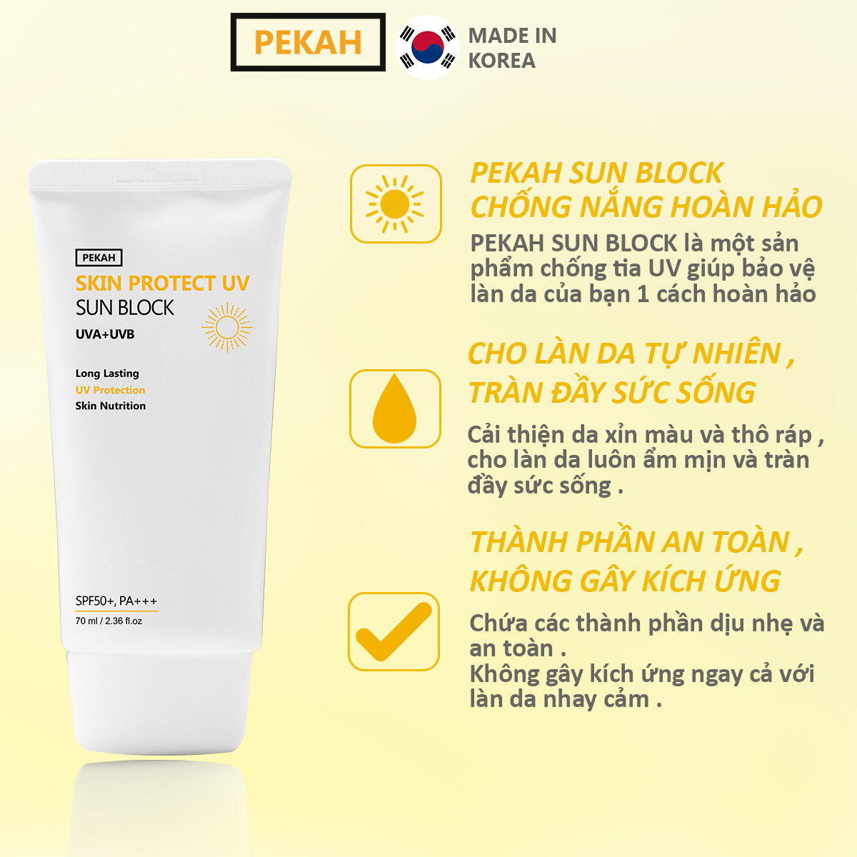 Kem chống nắng vật lý nâng tone da PEKAH Skin Protect UV Sun Block SPF 50+ PA+++ . Chống tia UV . Loại 70ml- Hàn Quốc.