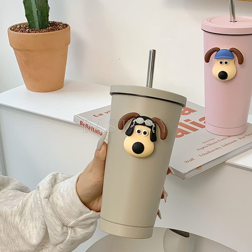 Ly Giữ Nhiệt Gấu Chó , Cốc Giữ Nhiệt 500ml và 750ml Chất Liệu Inox 304, Bình Giữ Nhiệt Siêu Cute Giữ Nhiệt Từ 8-12 Giờ + Tặng Kèm Ống Hút