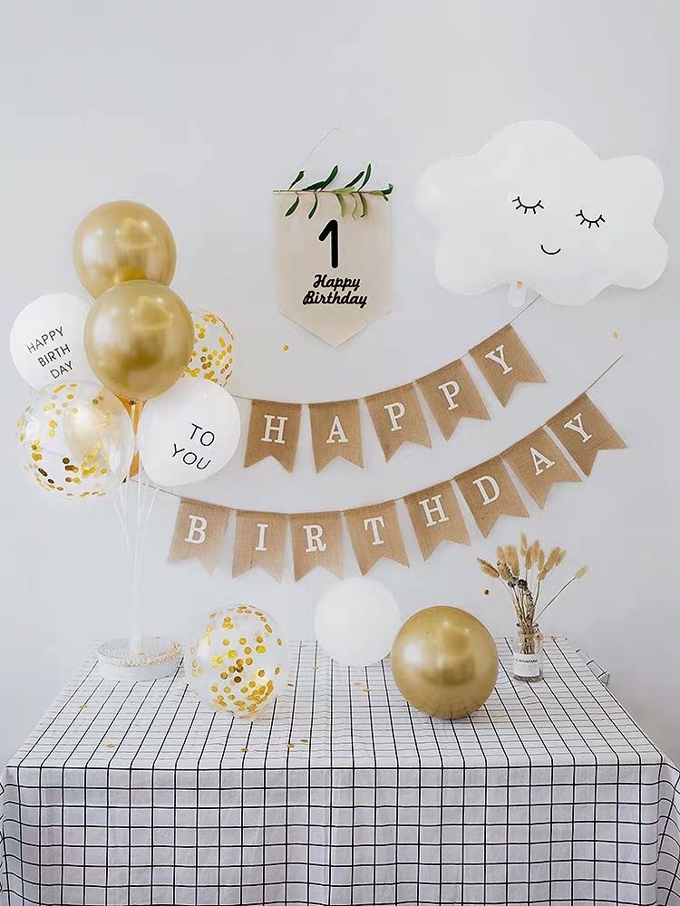 Set trang trí sinh nhật , set cờ giấy , cờ vải happy birthday tông màu nâu, đen (tặng móc treo , miếng dính bóng )