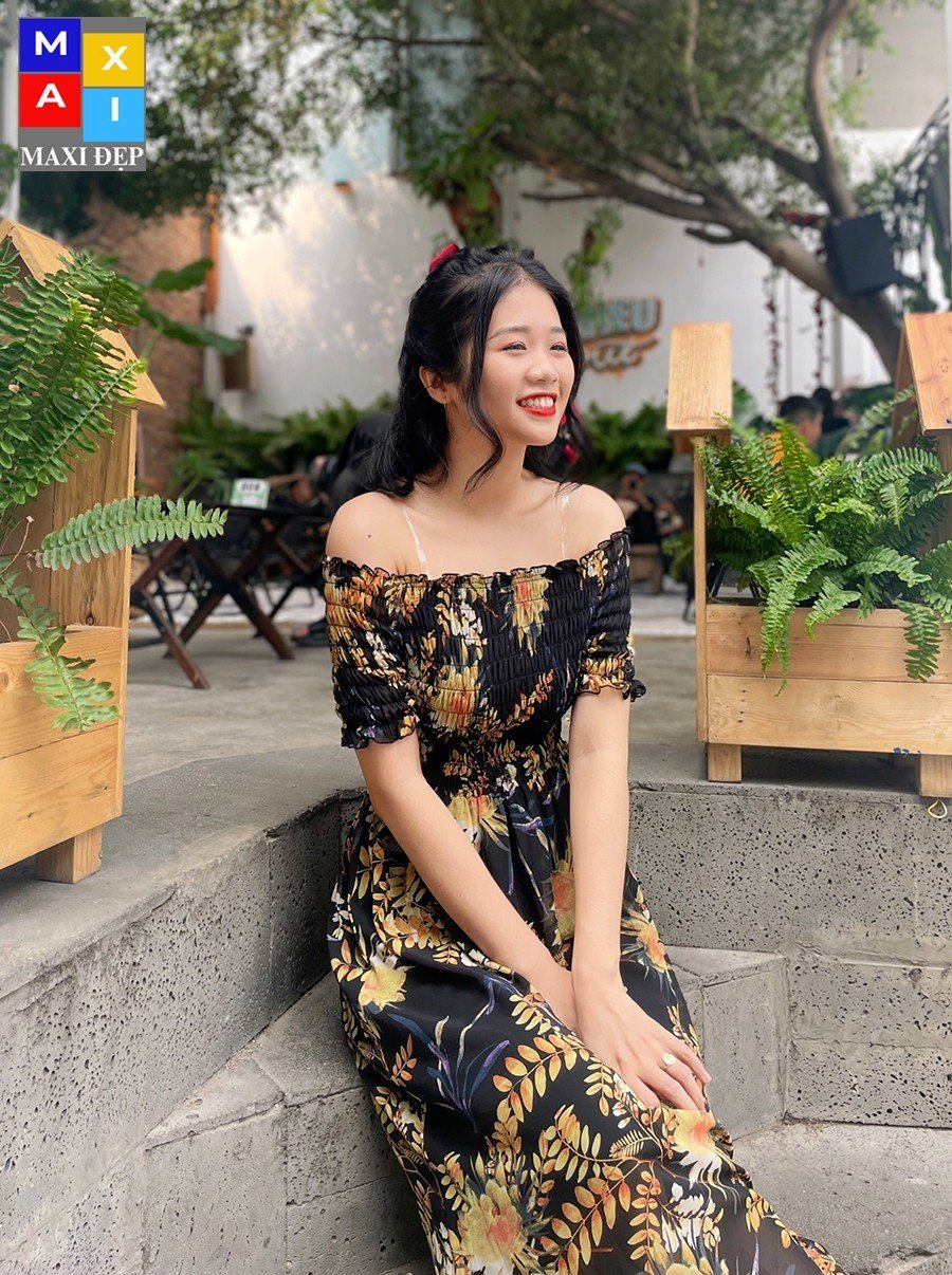 Đầm trễ vai/ bẹt vai maxi đẹp hoa vàng nền đen