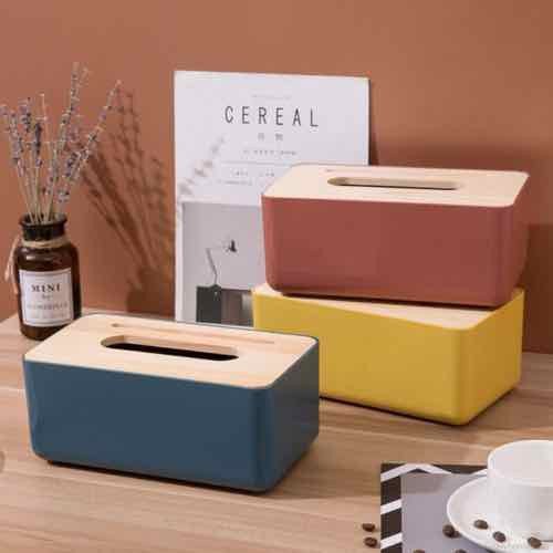 Hộp đựng khăn giấy nắp gỗ phong cách nhật bản có chõ để điện thoại