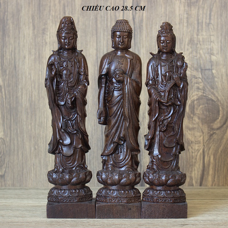 Bộ Tượng Tây Phương Tam Thánh Đứng bằng gỗ Đàn Hương cao 22 cm