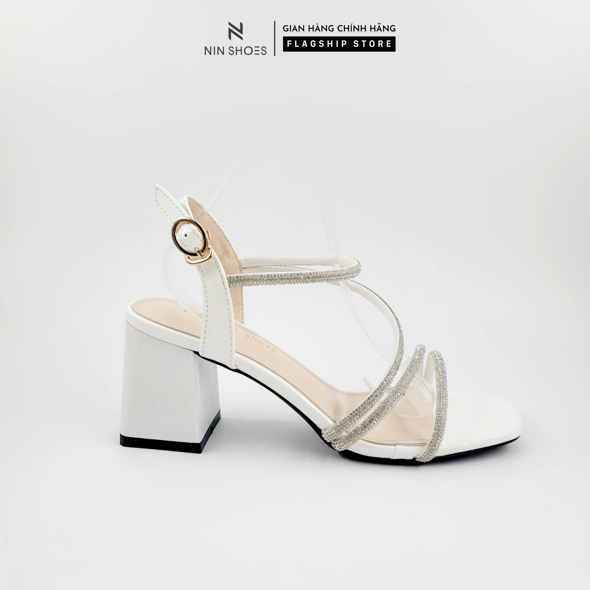 Giày nữ Ninshoes - Giày Sandal cao gót 5p gót vuông quai đính đá 1 quai chéo khóa cài, mũi tròn