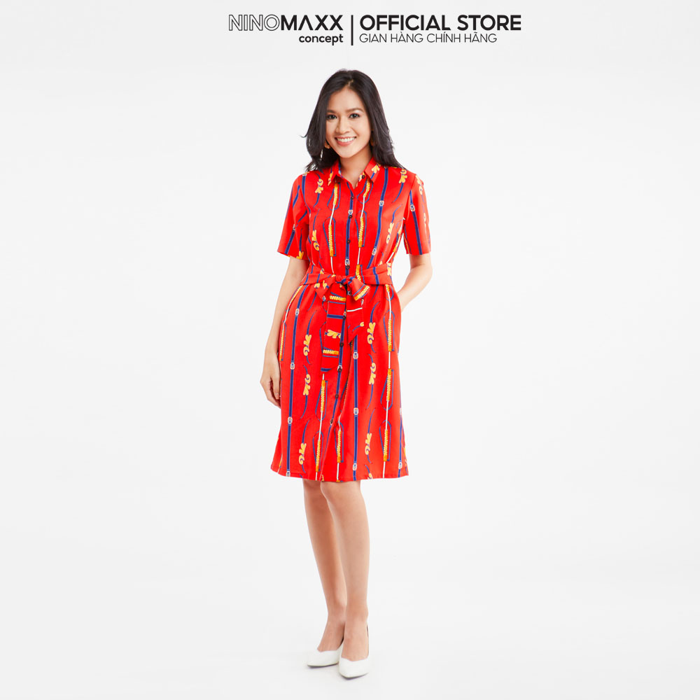 [CÒN SIZE S] Đầm Nữ Cổ Sơ Mi Thắt Eo In Hoạ Tiết Chất Liệu Poly N&M Thương Hiệu NINOMAXX 2009015