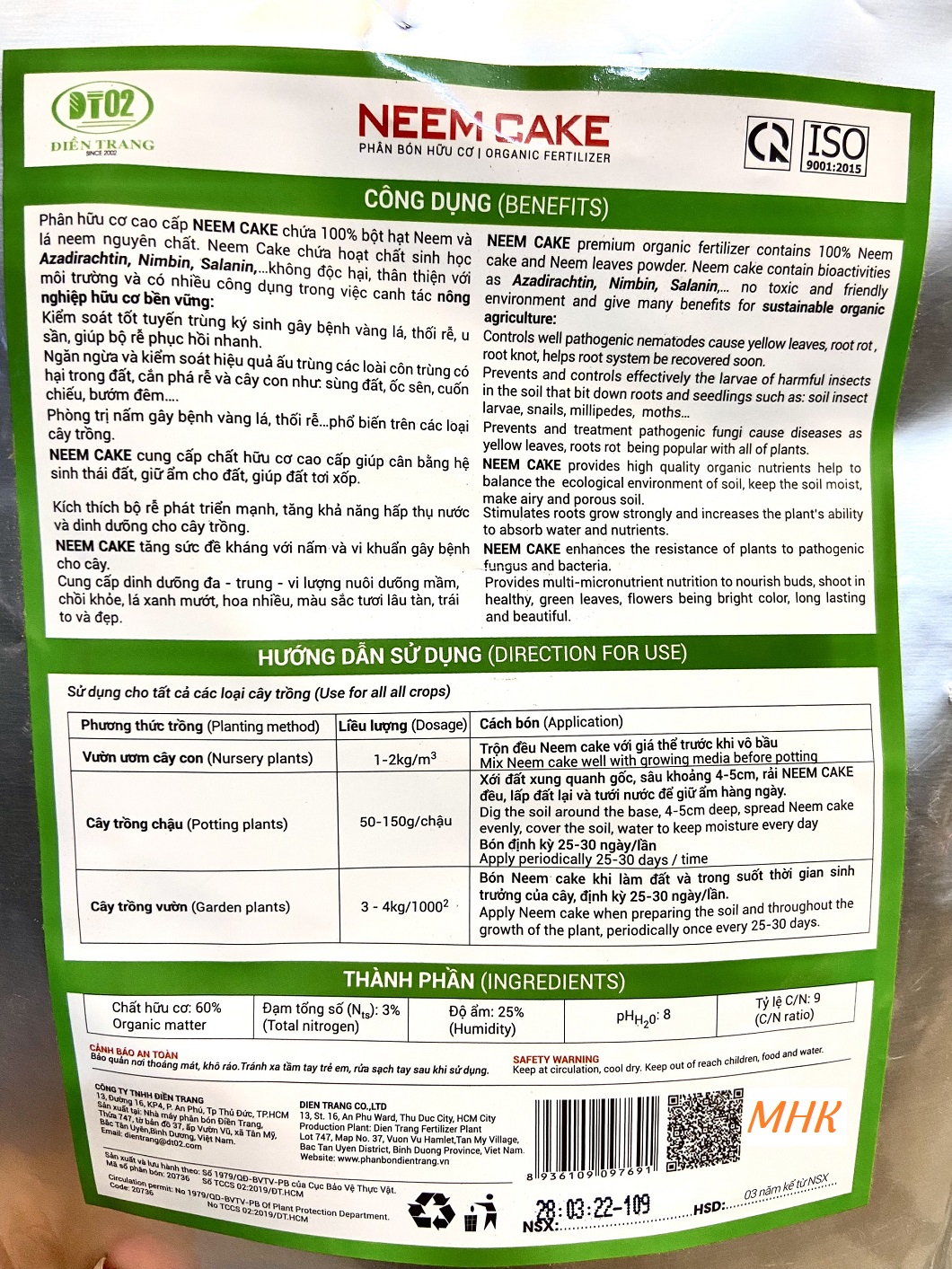 PHÂN HỮU CƠ NEEM CAKE Điền Trang , Gói 750g !
