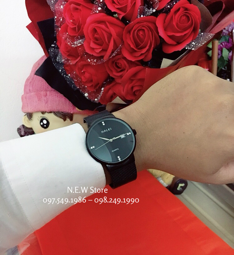 Đồng hồ cặp đôi nam, nữ dây thép lụa Halei Full Black