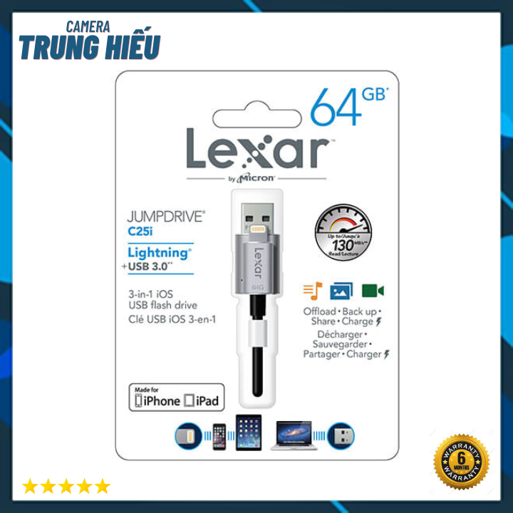 USB OTG iPhone Lightning 64GB Lexar Jumpdrive C25i 130Mb/s