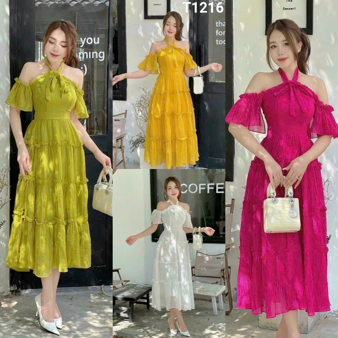 Đầm trễ vai tay bèo cột nơ cổ mocking phía sau có mút lụa 100d T1216