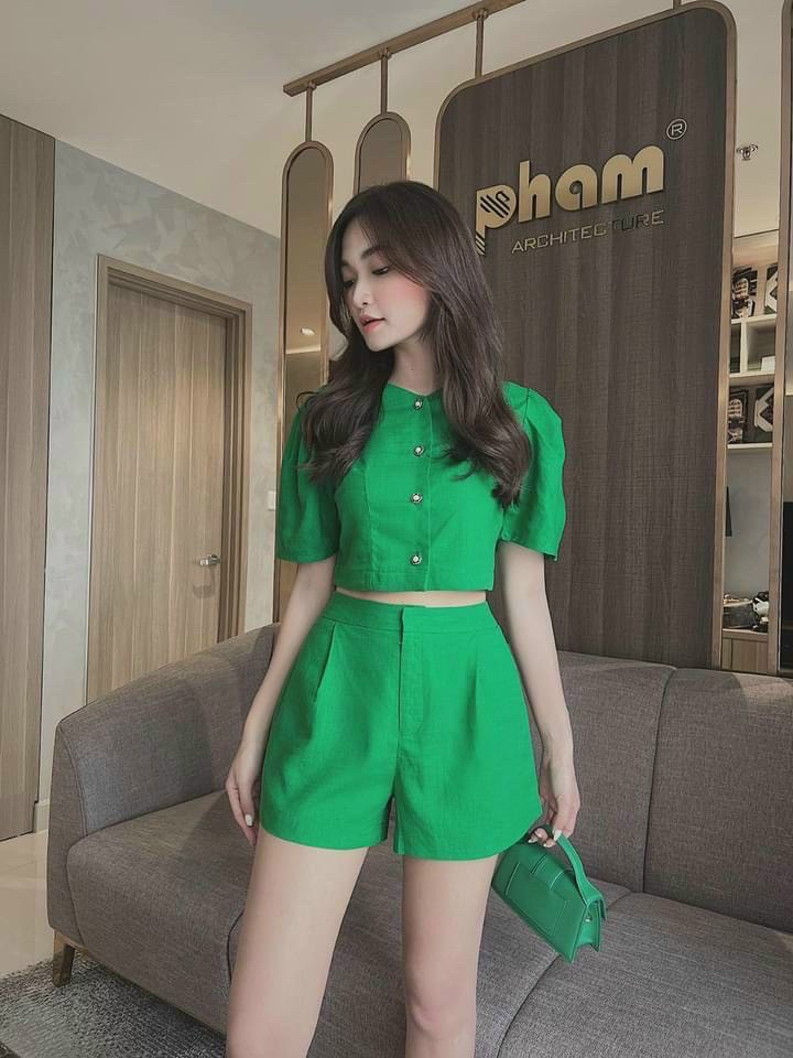 [ Miễn phí ship] Set đồ nữ công sở, set áo vest croptop cổ tròn quần short phồng, set bộ vest đùi tay búp nút nhiều màu sắc, thời trang đơn giản đi làm, đi chơi trẻ trung