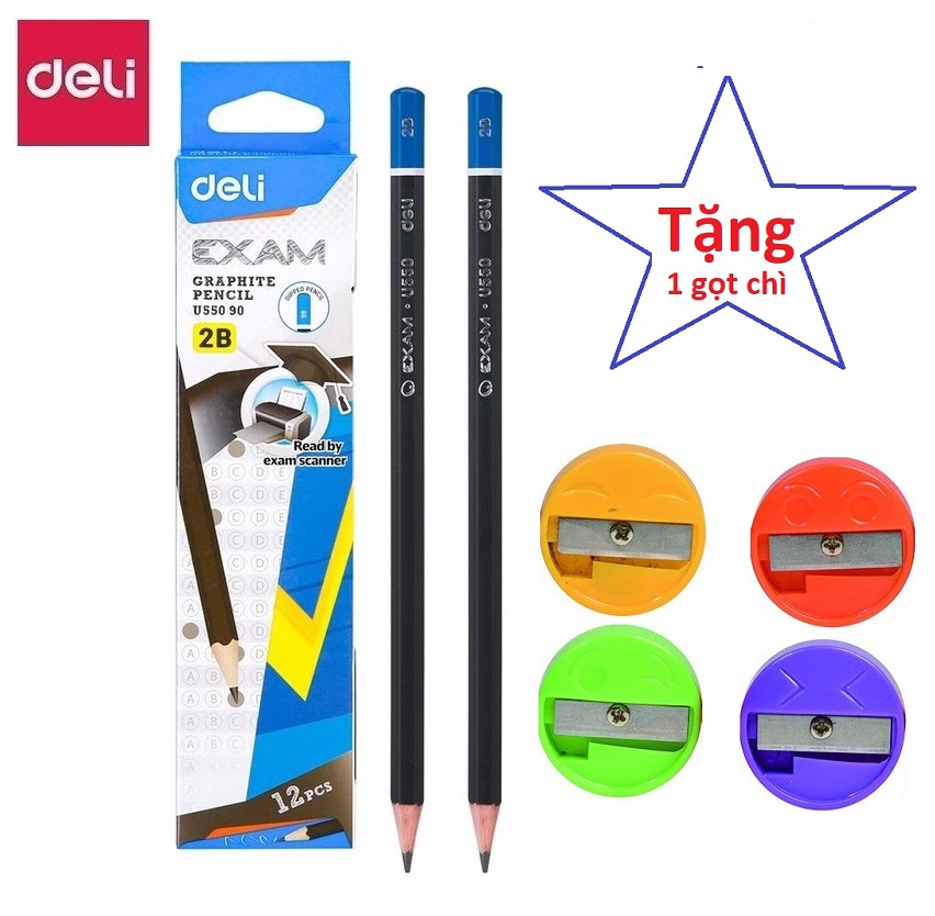 Hộp 12 cây bút chì 2b deli 58198 / 55090 / 55300 - bút chì nhiều màu - chì định vị i tặng 01 gọt chuốt chì