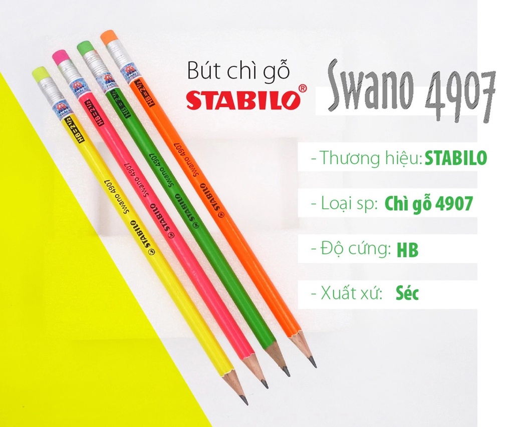 Bút chì gỗ STABILO Swano 4907-HB ( neon, có tẩy)