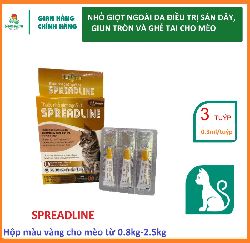 Vemedim Spreadline - Thuốc nhỏ gáy điều trị sán dây, giun tròn, ấu trùng giun tim, ve và bọ nhảy cho mèo, hộp 3 tuýp