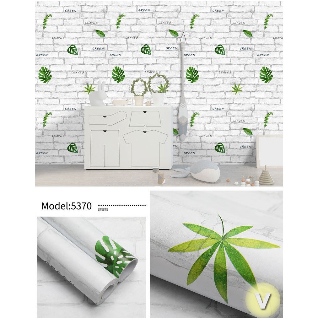Giấy dán tường gạch trắng lá xanh 0.45*10m