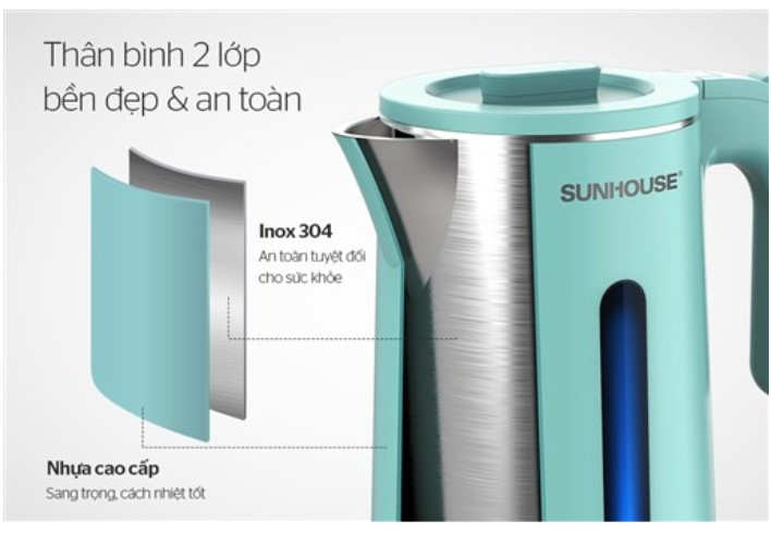 Ấm siêu tốc. Bình đun siêu tốc cao cấp inox 2 lớp 1.8L