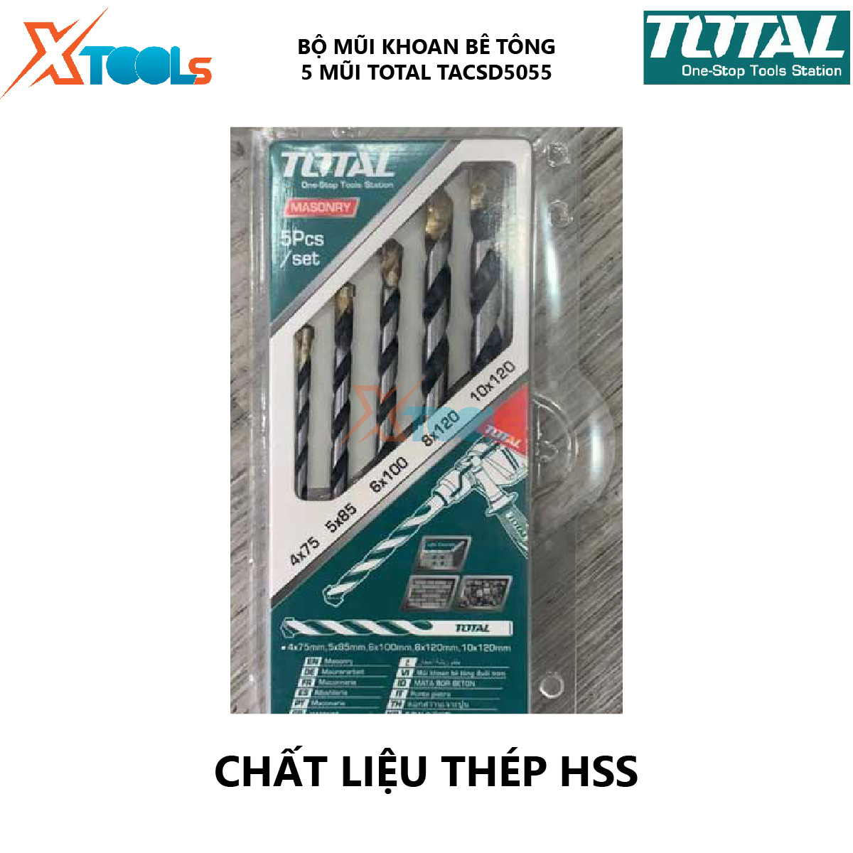 Bộ 5 mũi khoan bê tông TOTAL TACSD5055 combo 5 mũi đục bê tông Gồm 5 kích thước giúp hỗ trợ khoét lỗ trên bề mặt vật liệu như sắt, thép, gỗ, bê tông
