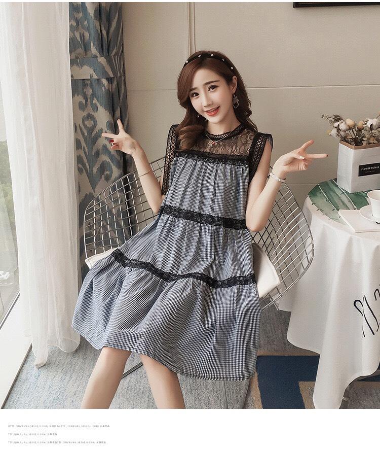Đầm bầu caro phối ren 3 tầng
