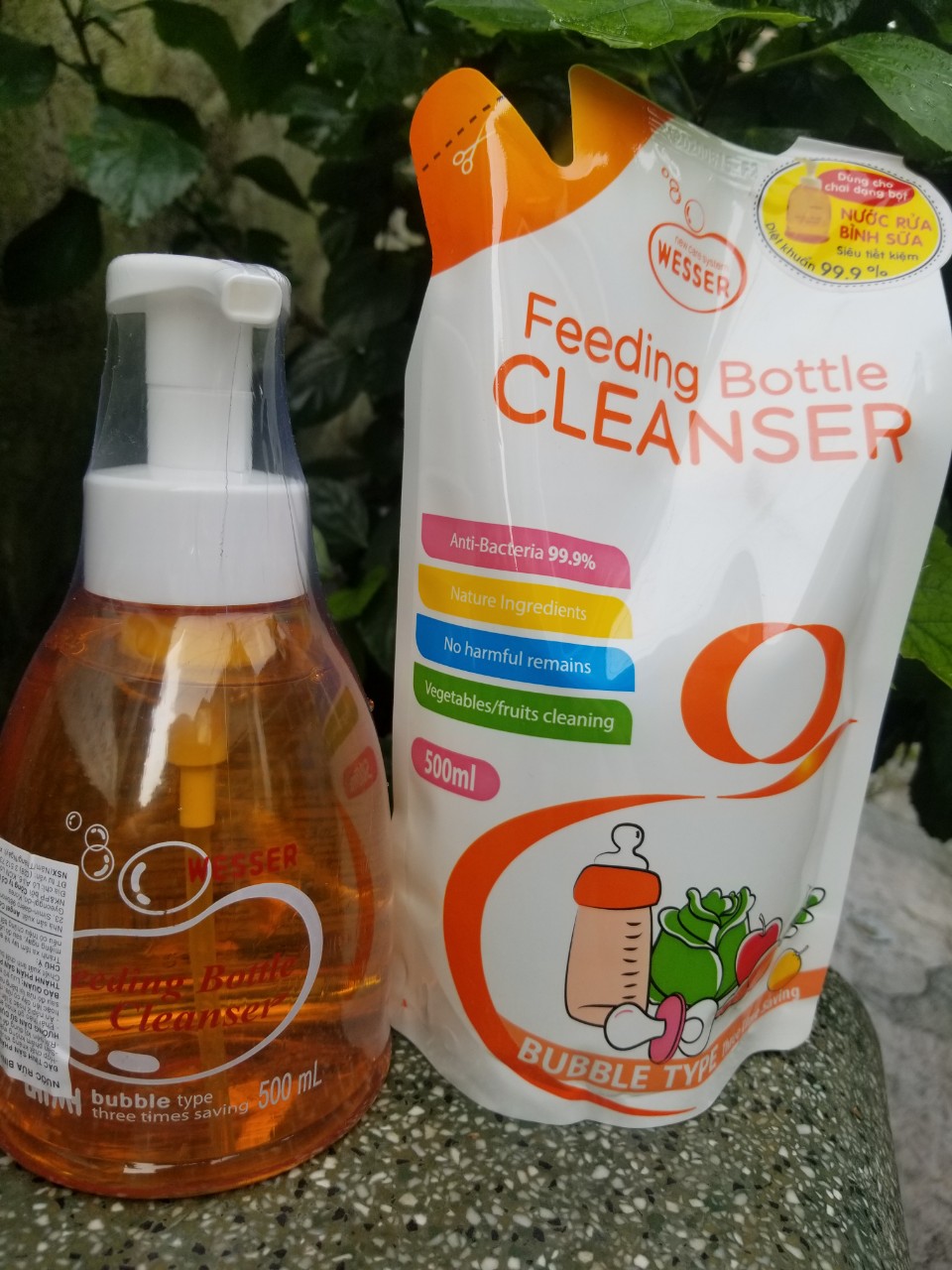 Combo nước rửa bình sữa Wesser gồm 1 bình 500ml và 1 bịch 500ml