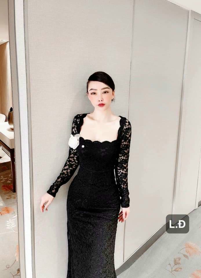 Đầm body tay dài ren đính bông-QH#damnu